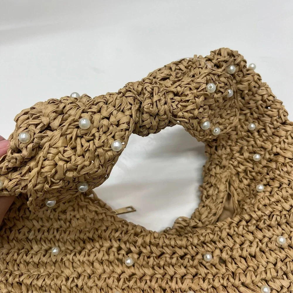 Haute Hippie Style Woven Straw Pearl Embellished Knotted Hobo Bag Tan New